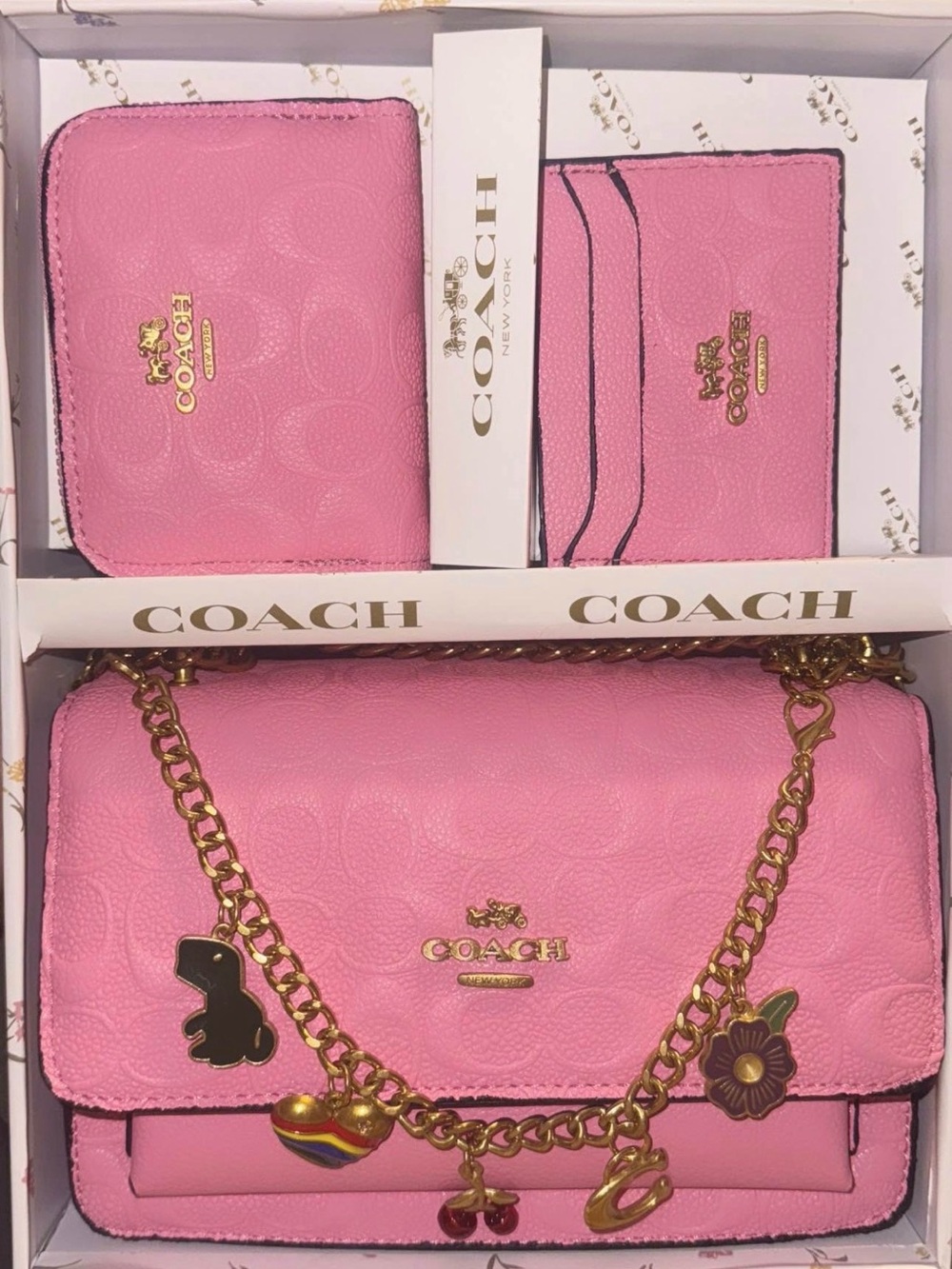 Coach Pink Leather Crossbody Bag with Charm Chain & Matching Wallet Set